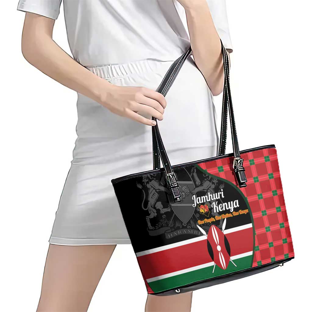 Kenya Jamhuri Day Leather Tote Bag One People One Nation Massai Shuka Pattern - Wonder Print Shop