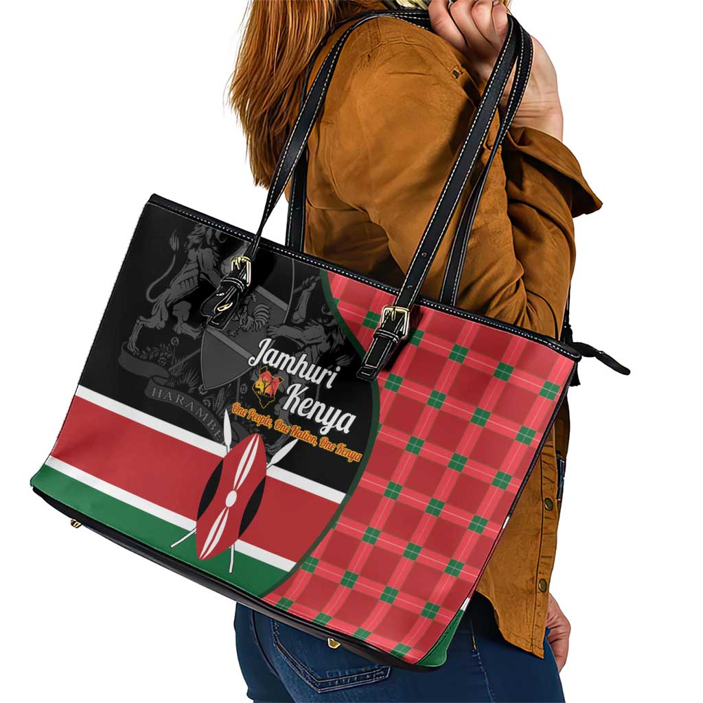 Kenya Jamhuri Day Leather Tote Bag One People One Nation Massai Shuka Pattern - Wonder Print Shop