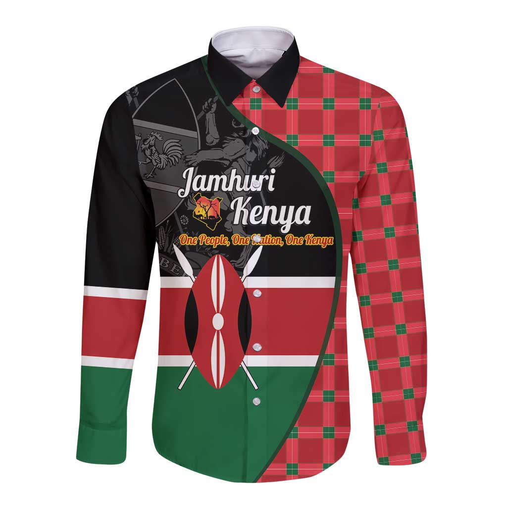Kenya Jamhuri Day Long Sleeve Button Shirt One People One Nation Massai Shuka Pattern - Wonder Print Shop