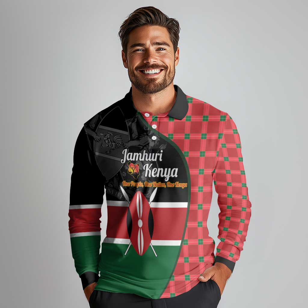 Kenya Jamhuri Day Long Sleeve Polo Shirt One People One Nation Massai Shuka Pattern - Wonder Print Shop