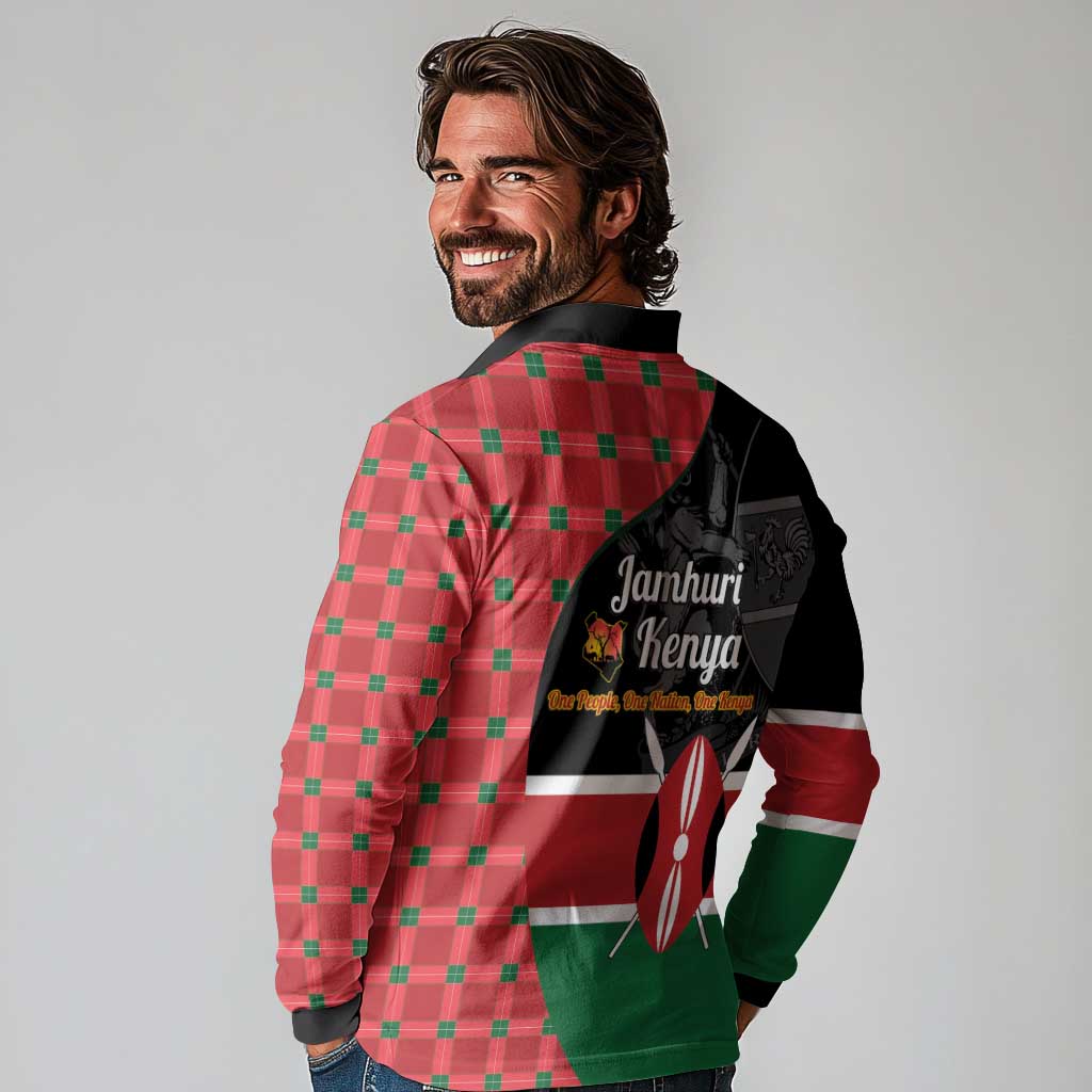 Kenya Jamhuri Day Long Sleeve Polo Shirt One People One Nation Massai Shuka Pattern - Wonder Print Shop