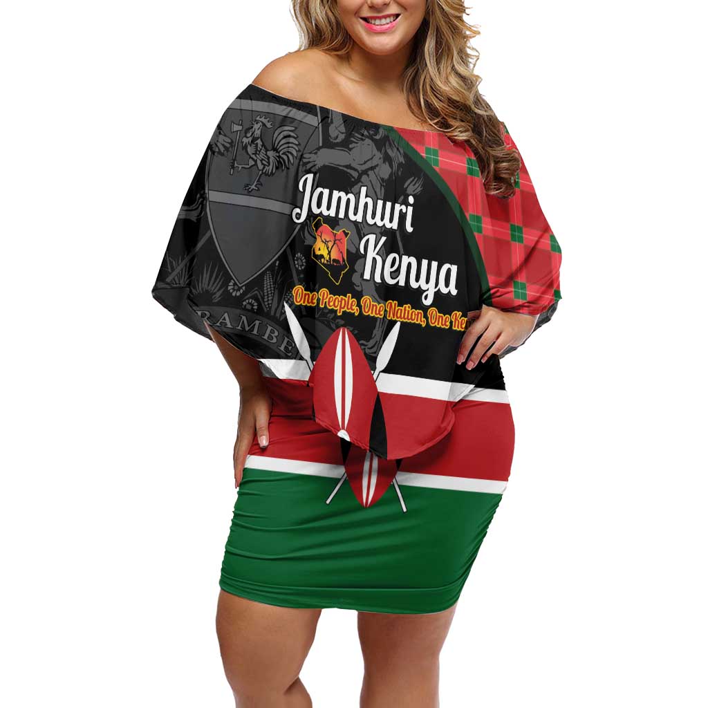 Kenya Jamhuri Day Off Shoulder Short Dress One People One Nation Massai Shuka Pattern - Wonder Print Shop