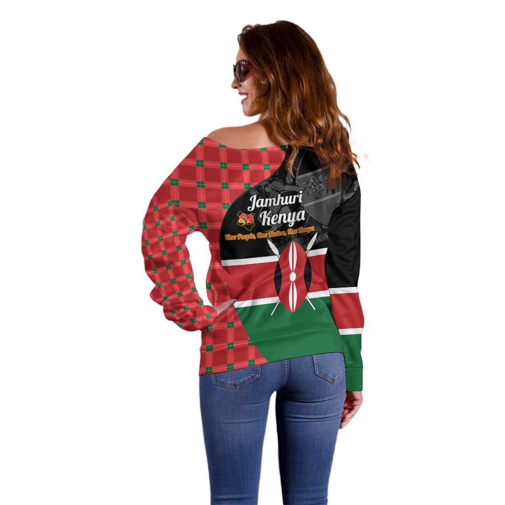 Kenya Jamhuri Day Off Shoulder Sweater One People One Nation Massai Shuka Pattern - Wonder Print Shop