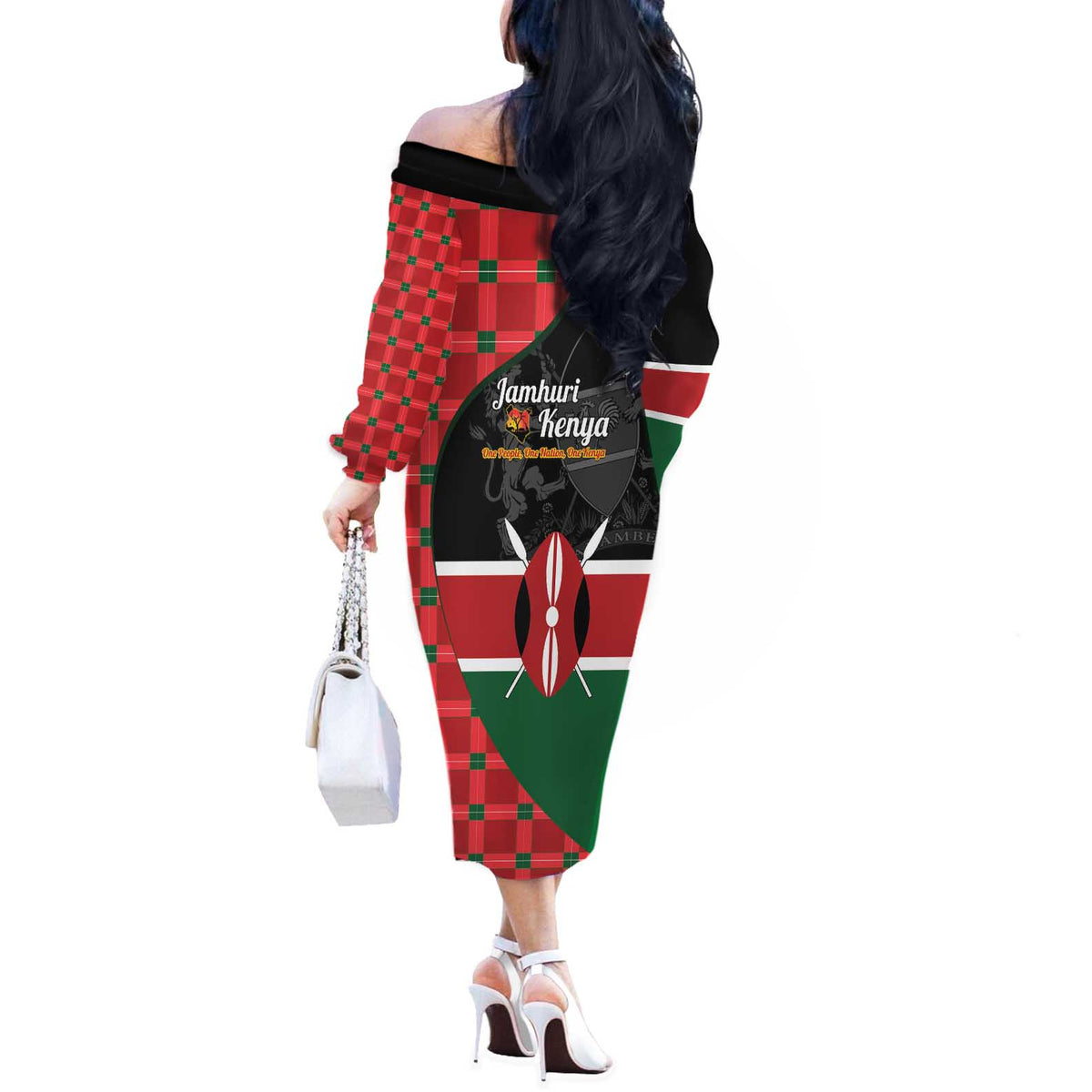 Kenya Jamhuri Day Off The Shoulder Long Sleeve Dress One People One Nation Massai Shuka Pattern - Wonder Print Shop