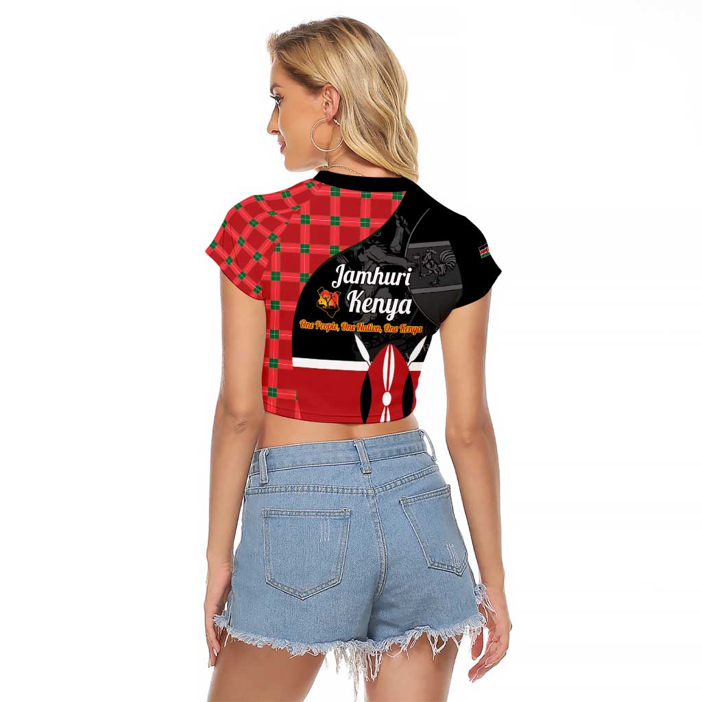 Kenya Jamhuri Day Raglan Cropped T Shirt One People One Nation Massai Shuka Pattern - Wonder Print Shop