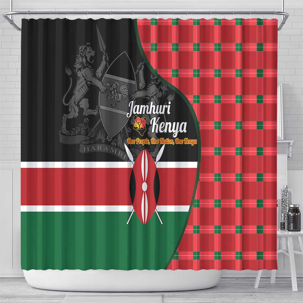 Kenya Jamhuri Day Shower Curtain One People One Nation Massai Shuka Pattern - Wonder Print Shop