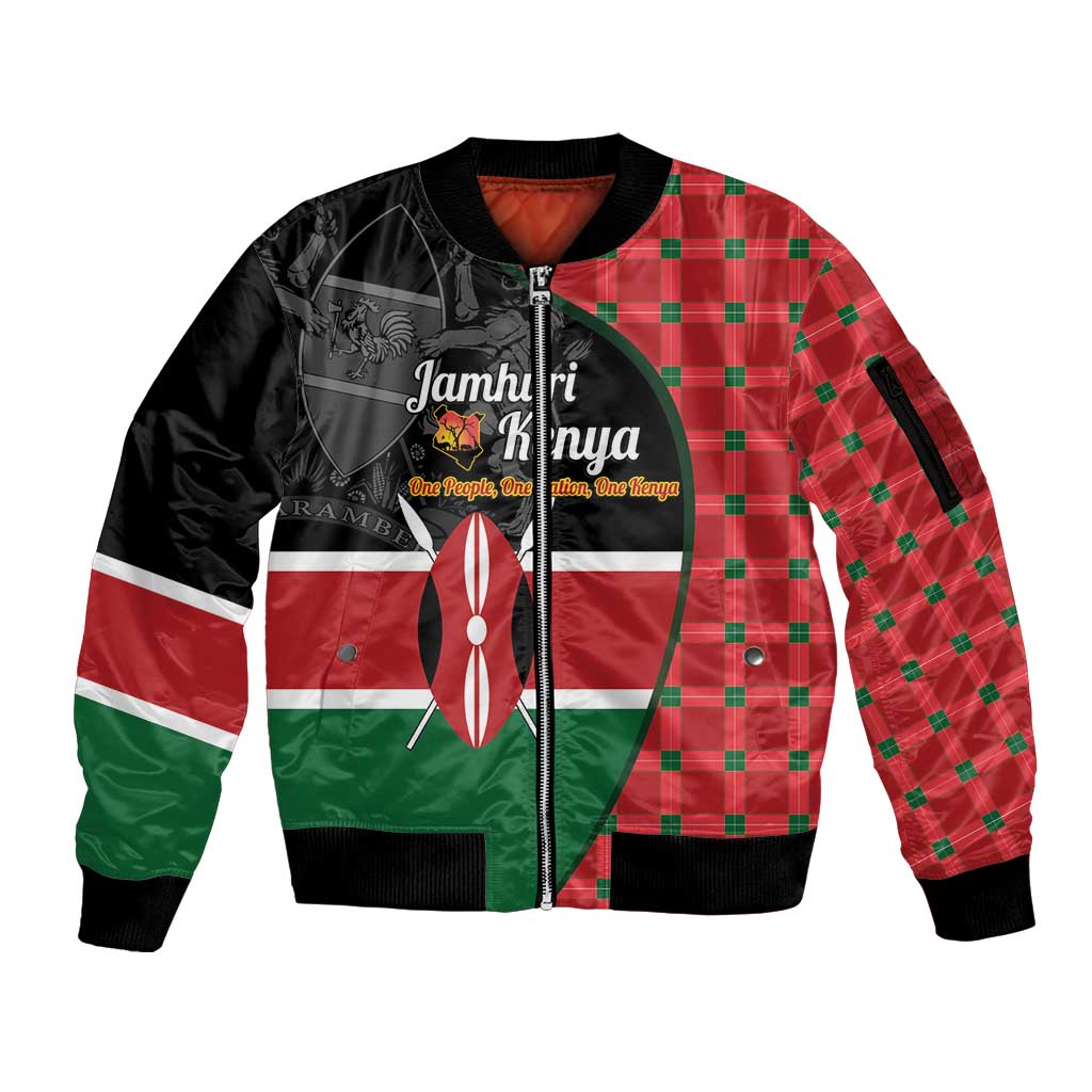 Kenya Jamhuri Day Sleeve Zip Bomber Jacket One People One Nation Massai Shuka Pattern - Wonder Print Shop