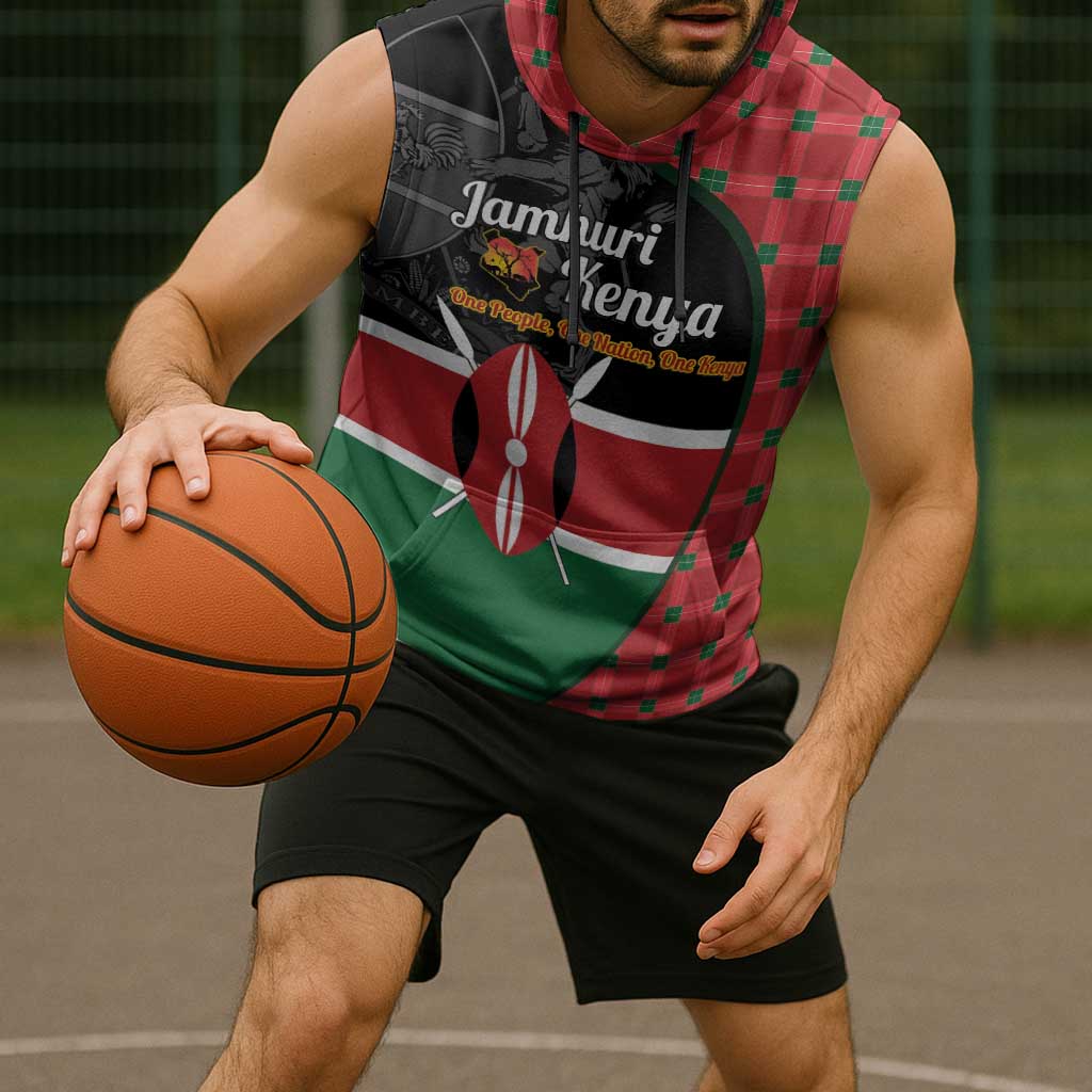 Kenya Jamhuri Day Sleeveless Hoodie One People One Nation Massai Shuka Pattern - Wonder Print Shop