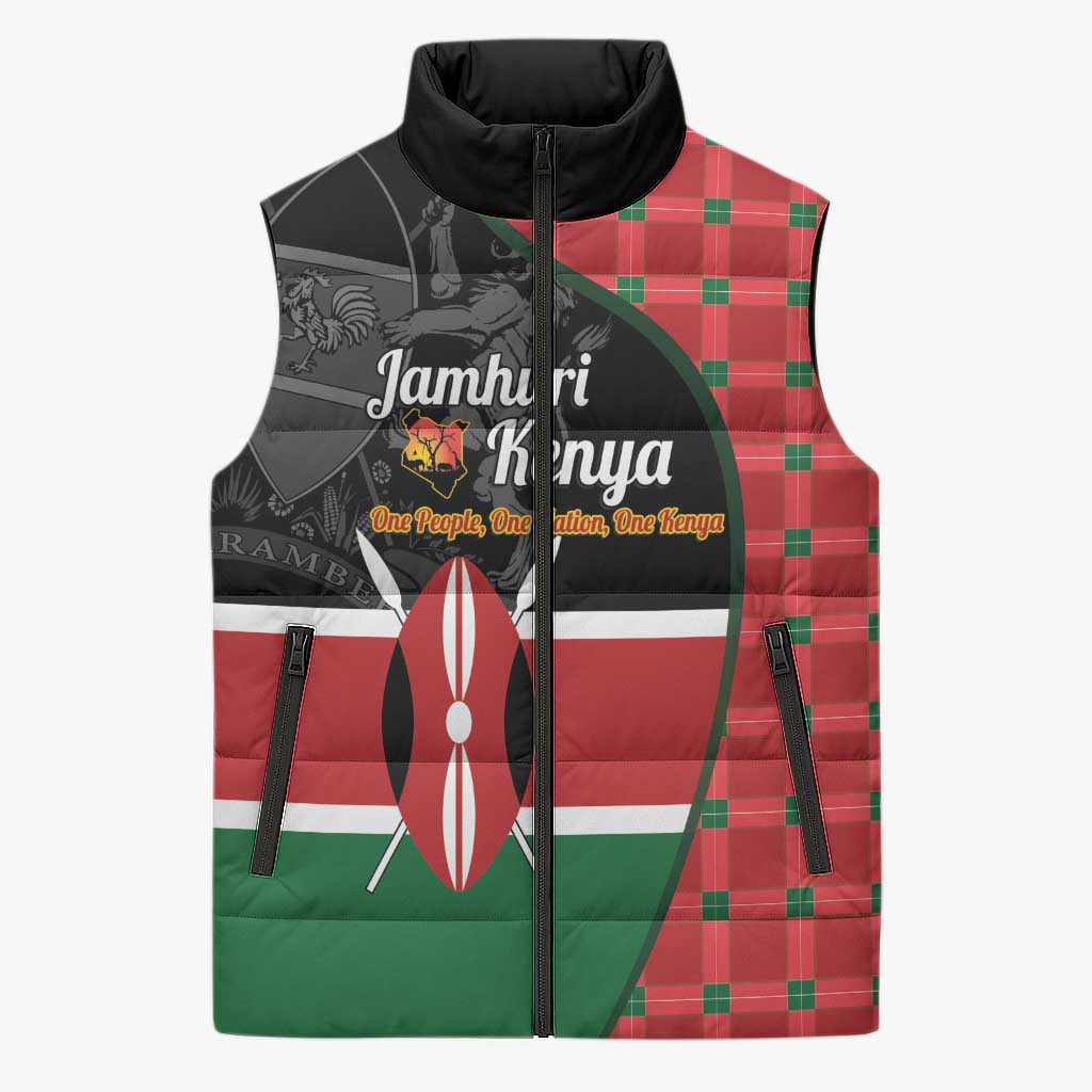 Kenya Jamhuri Day Sleeveless Puffer Jacket One People One Nation Massai Shuka Pattern - Wonder Print Shop