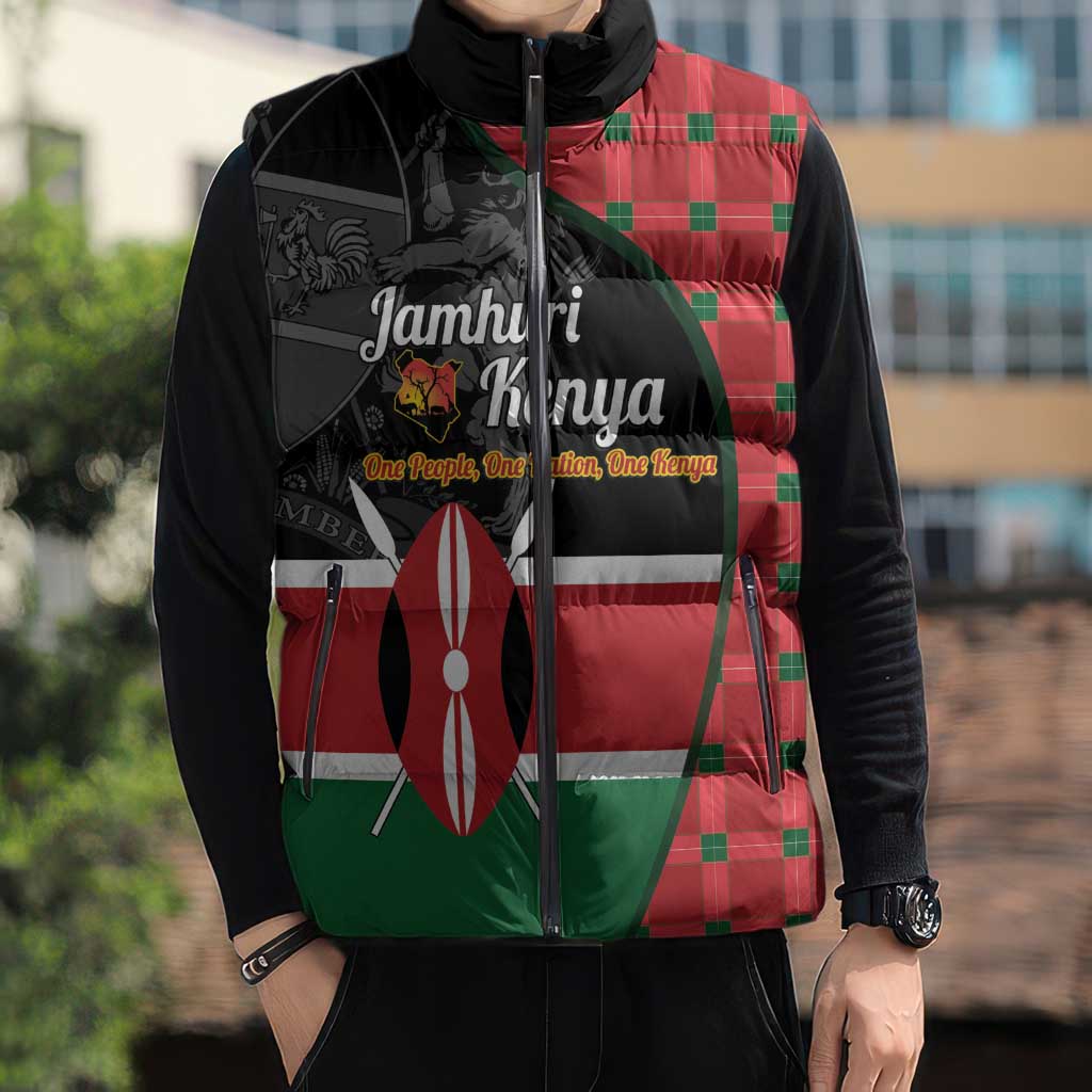 Kenya Jamhuri Day Sleeveless Puffer Jacket One People One Nation Massai Shuka Pattern - Wonder Print Shop