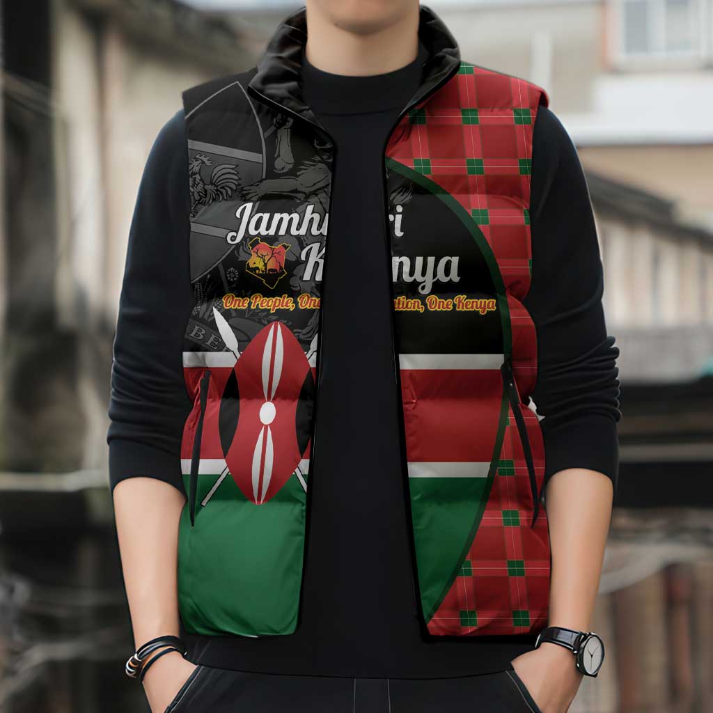 Kenya Jamhuri Day Sleeveless Puffer Jacket One People One Nation Massai Shuka Pattern - Wonder Print Shop