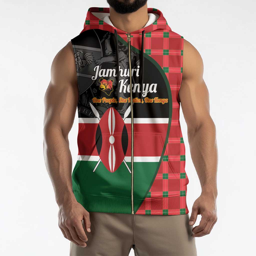 Kenya Jamhuri Day Sleeveless Zip Hoodie One People One Nation Massai Shuka Pattern - Wonder Print Shop