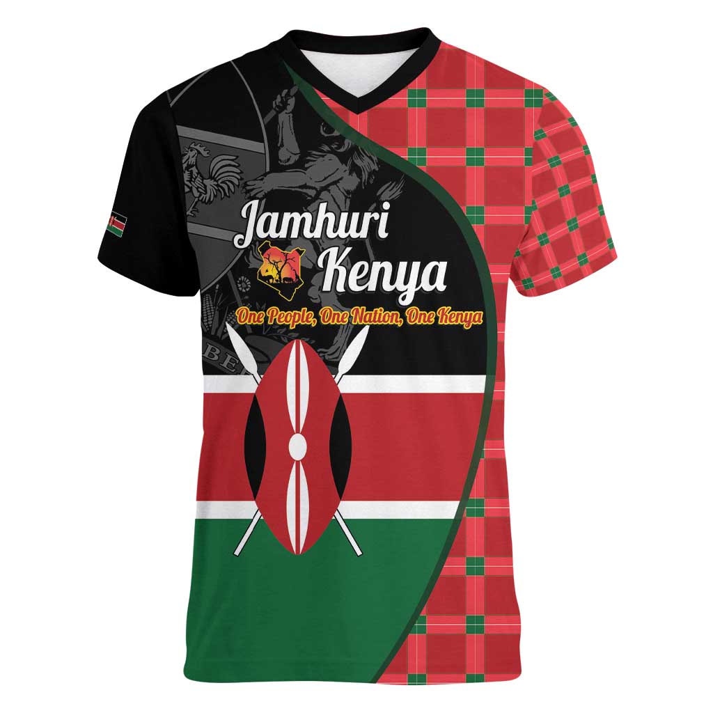 Kenya Jamhuri Day Women V-Neck T-Shirt One People One Nation Massai Shuka Pattern - Wonder Print Shop