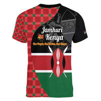 Kenya Jamhuri Day Women V-Neck T-Shirt One People One Nation Massai Shuka Pattern - Wonder Print Shop