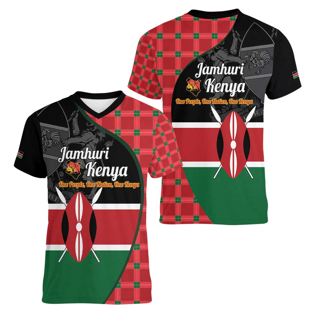 Kenya Jamhuri Day Women V-Neck T-Shirt One People One Nation Massai Shuka Pattern - Wonder Print Shop