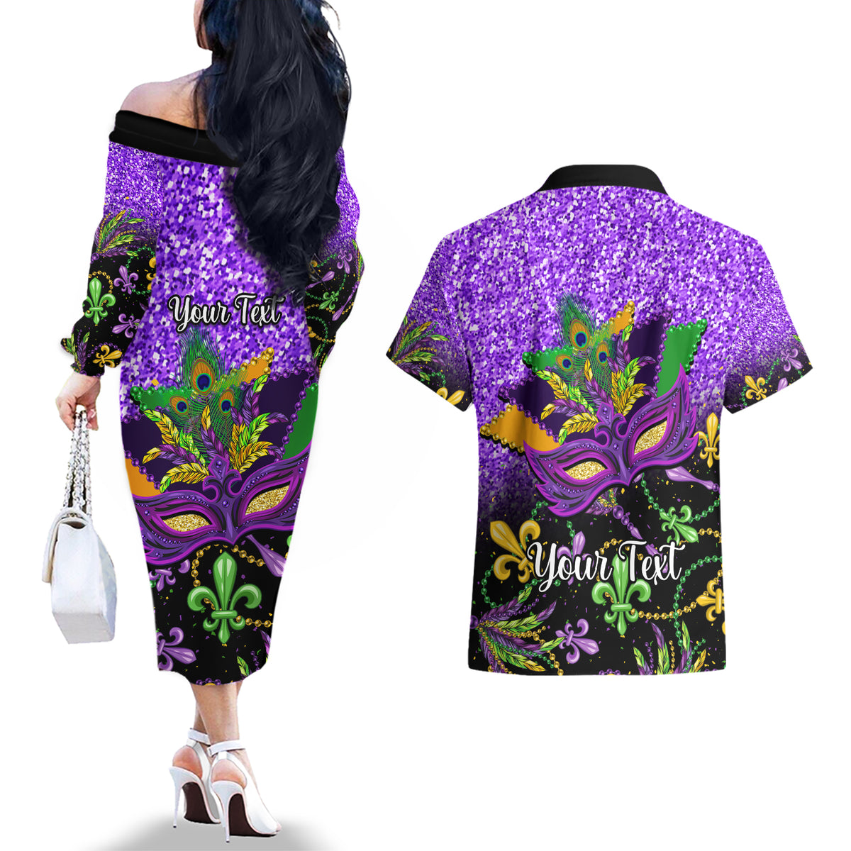 Personalised Mardi Gras Couples Matching Off The Shoulder Long Sleeve Dress and Hawaiian Shirt Carnival Mask Happy Fat Tuesday - Wonder Print Shop
