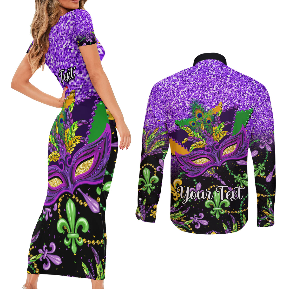 Personalised Mardi Gras Couples Matching Short Sleeve Bodycon Dress and Long Sleeve Button Shirt Carnival Mask Happy Fat Tuesday - Wonder Print Shop