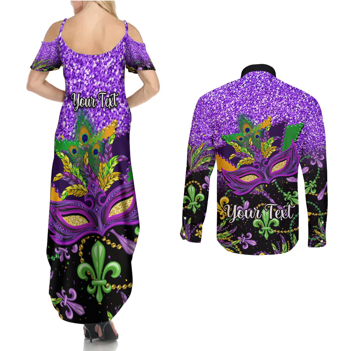Personalised Mardi Gras Couples Matching Summer Maxi Dress and Long Sleeve Button Shirt Carnival Mask Happy Fat Tuesday - Wonder Print Shop
