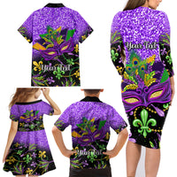 Personalised Mardi Gras Family Matching Long Sleeve Bodycon Dress and Hawaiian Shirt Carnival Mask Happy Fat Tuesday - Wonder Print Shop