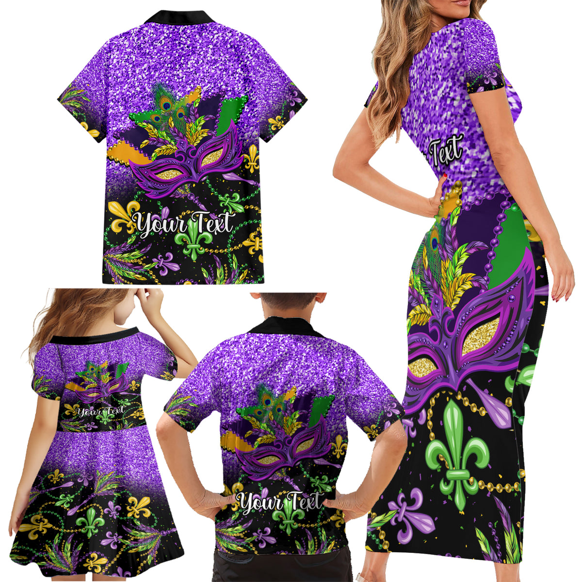 Personalised Mardi Gras Family Matching Short Sleeve Bodycon Dress and Hawaiian Shirt Carnival Mask Happy Fat Tuesday - Wonder Print Shop