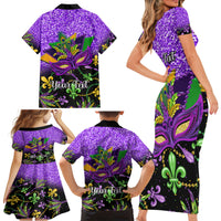 Personalised Mardi Gras Family Matching Short Sleeve Bodycon Dress and Hawaiian Shirt Carnival Mask Happy Fat Tuesday - Wonder Print Shop