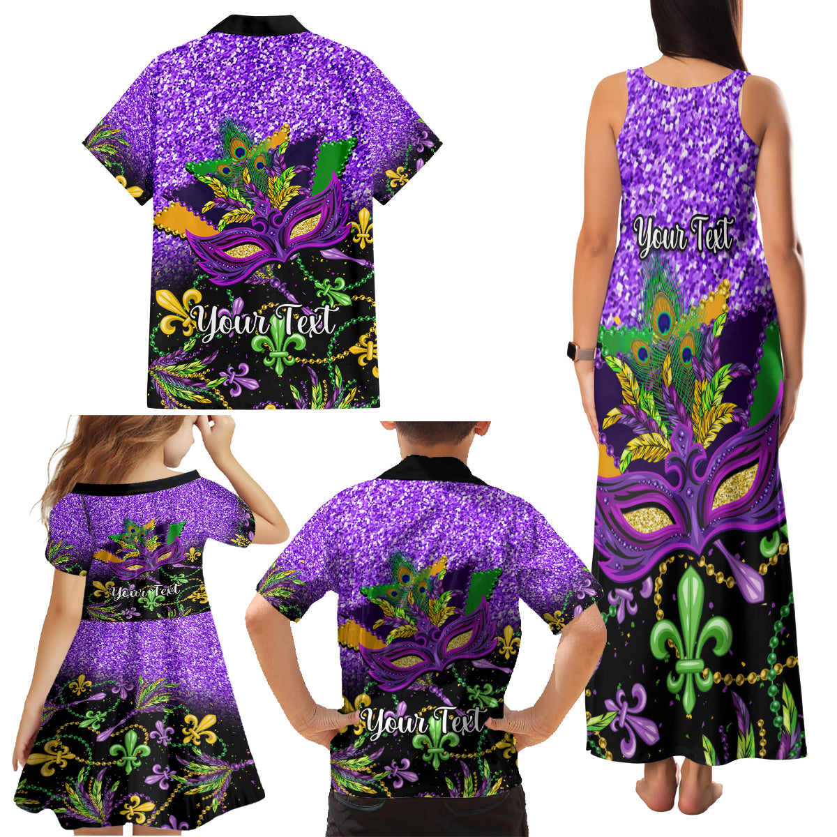 Personalised Mardi Gras Family Matching Tank Maxi Dress and Hawaiian Shirt Carnival Mask Happy Fat Tuesday - Wonder Print Shop