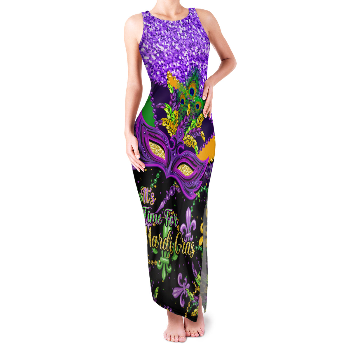 Personalised Mardi Gras Family Matching Tank Maxi Dress and Hawaiian Shirt Carnival Mask Happy Fat Tuesday - Wonder Print Shop