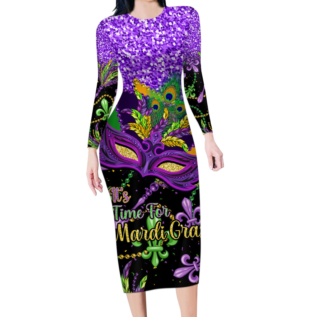 Personalised Mardi Gras Long Sleeve Bodycon Dress Carnival Mask Happy Fat Tuesday - Wonder Print Shop