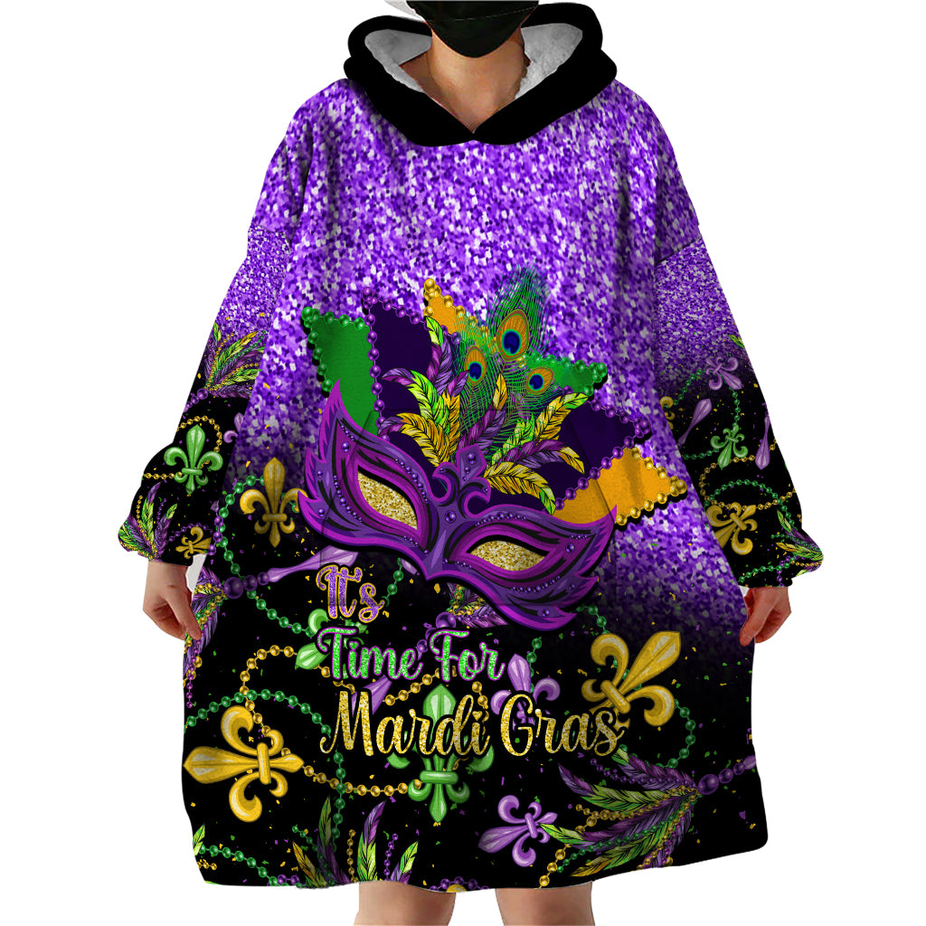 Personalised Mardi Gras Wearable Blanket Hoodie Carnival Mask Happy Fat Tuesday - Wonder Print Shop