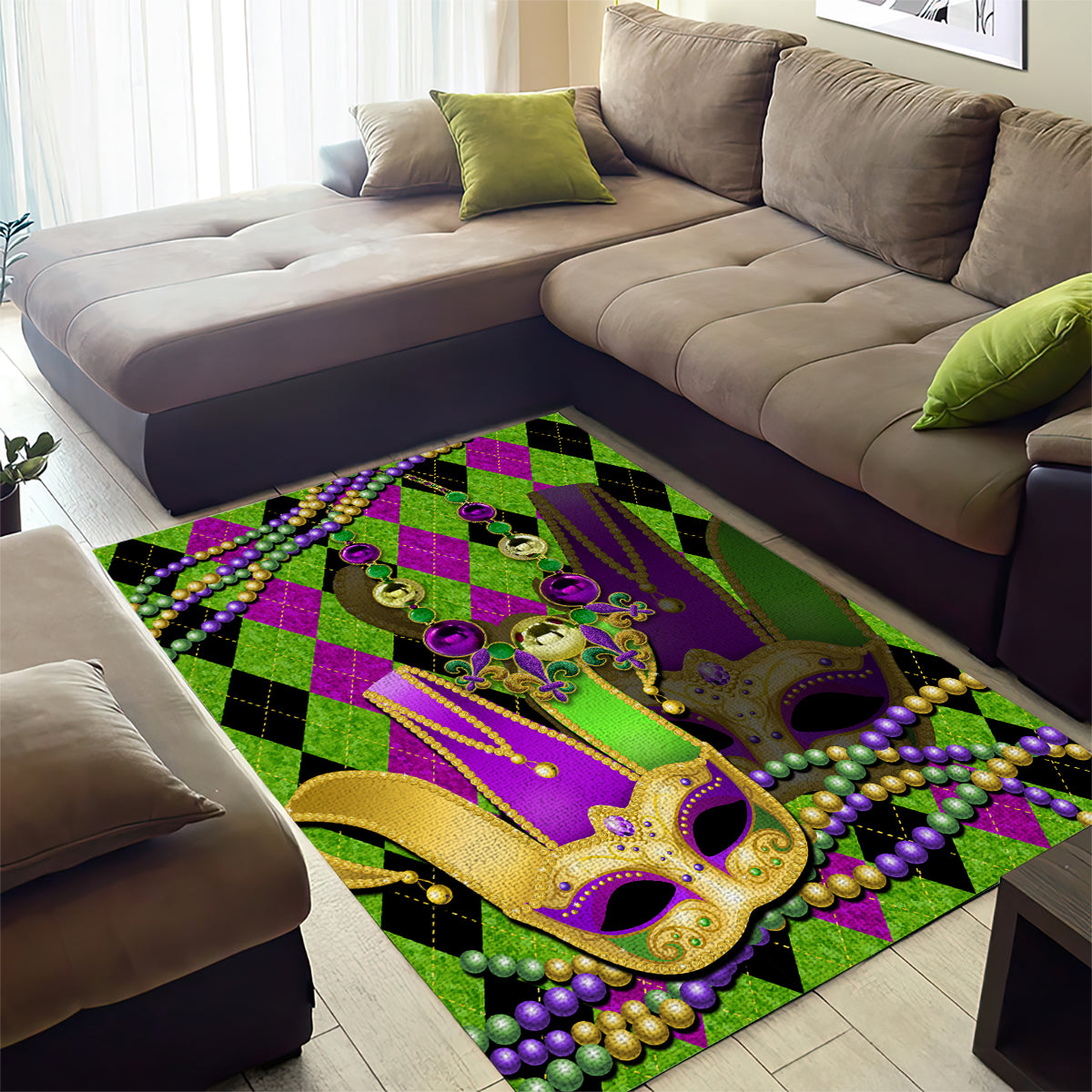 Mardi Gras 2024 Area Rug Jester Mask With Beads Colorful Version - Wonder Print Shop