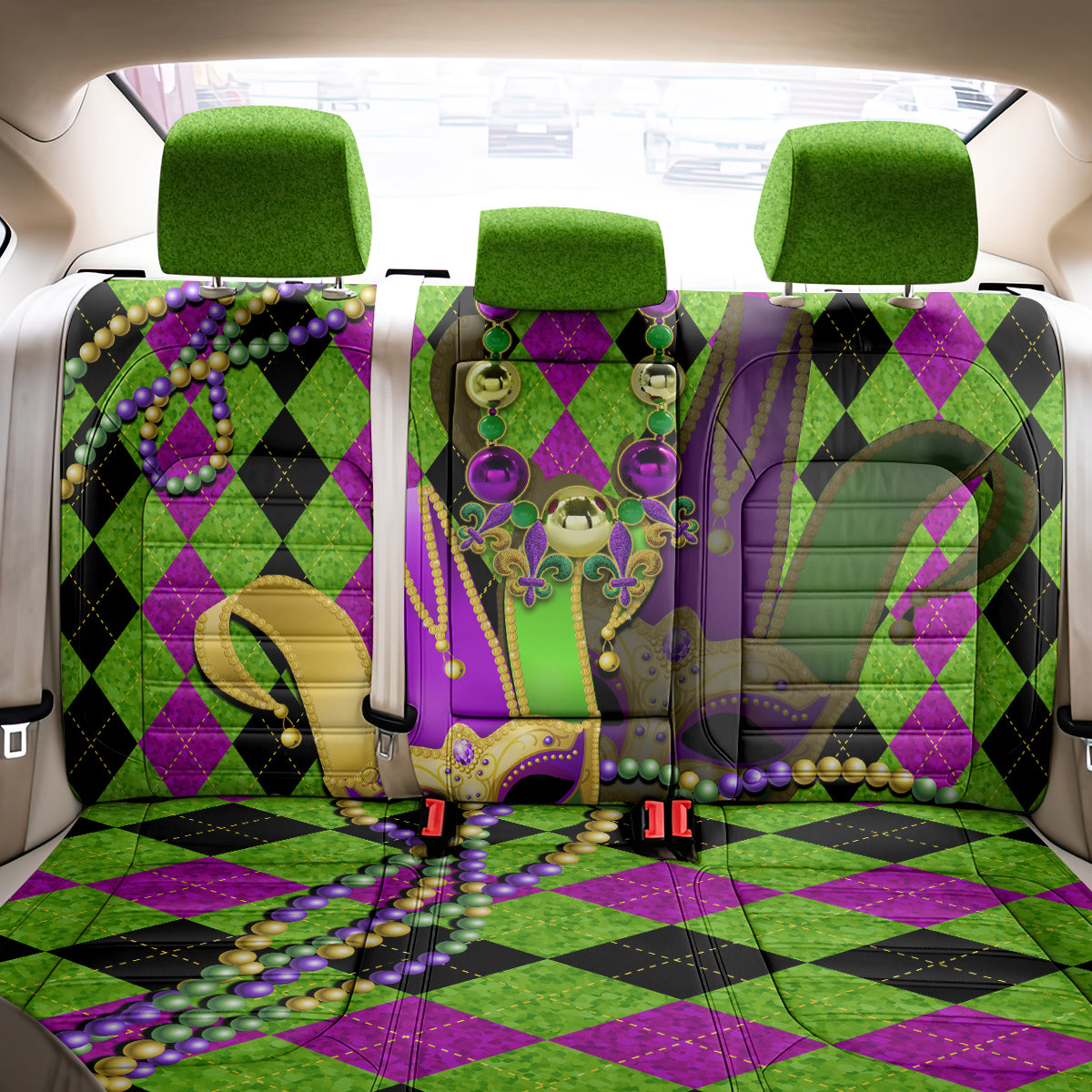 Mardi Gras 2024 Back Car Seat Cover Jester Mask With Beads Colorful Version - Wonder Print Shop