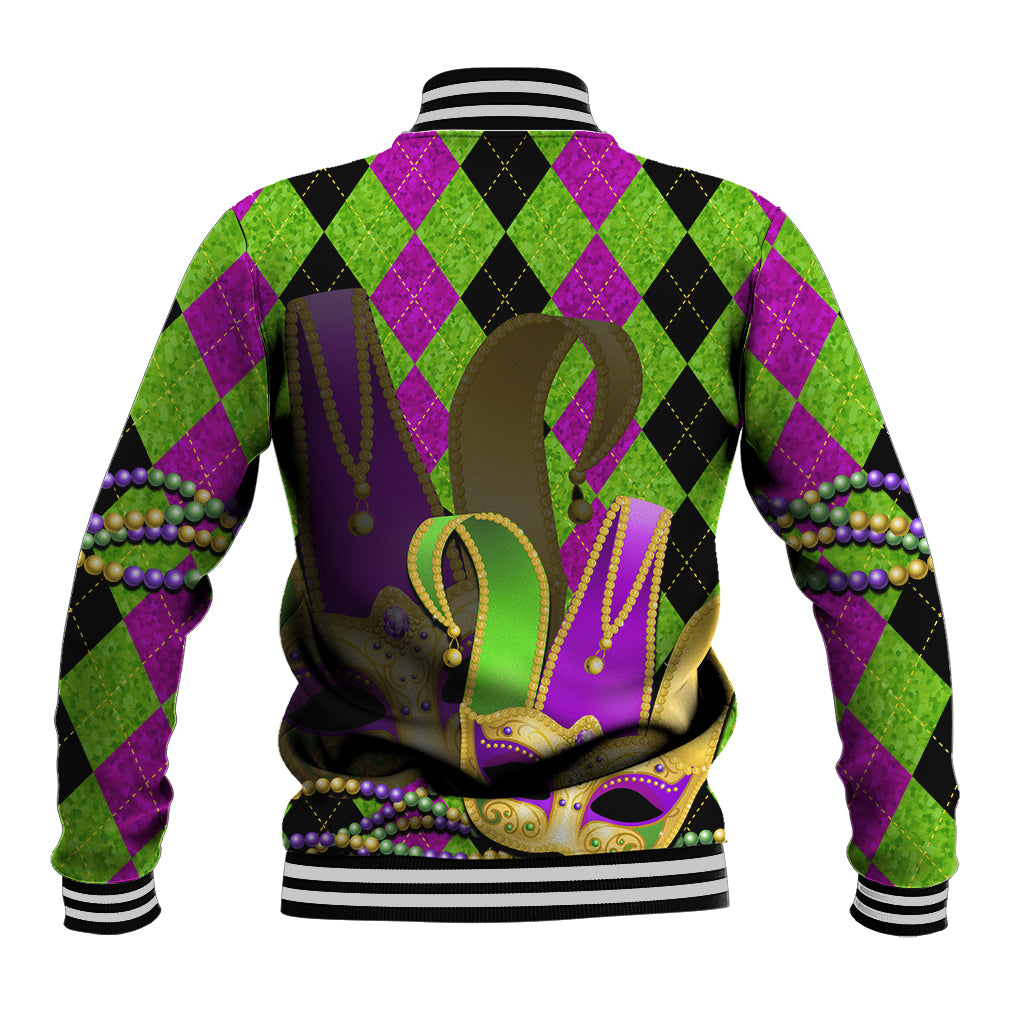 Mardi Gras 2024 Baseball Jacket Jester Mask With Beads Colorful Version - Wonder Print Shop