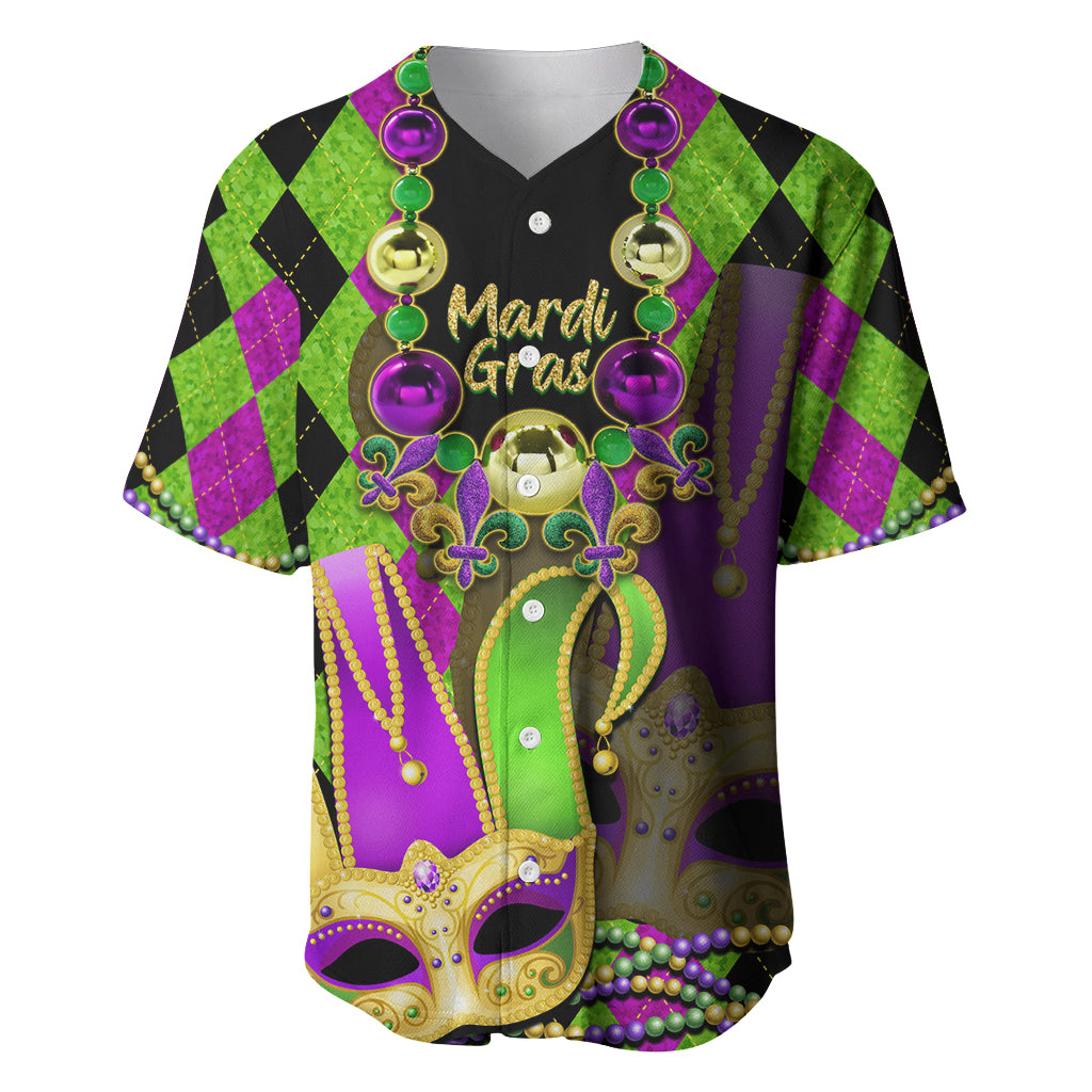 Mardi Gras 2024 Baseball Jersey Jester Mask With Beads Colorful Version - Wonder Print Shop