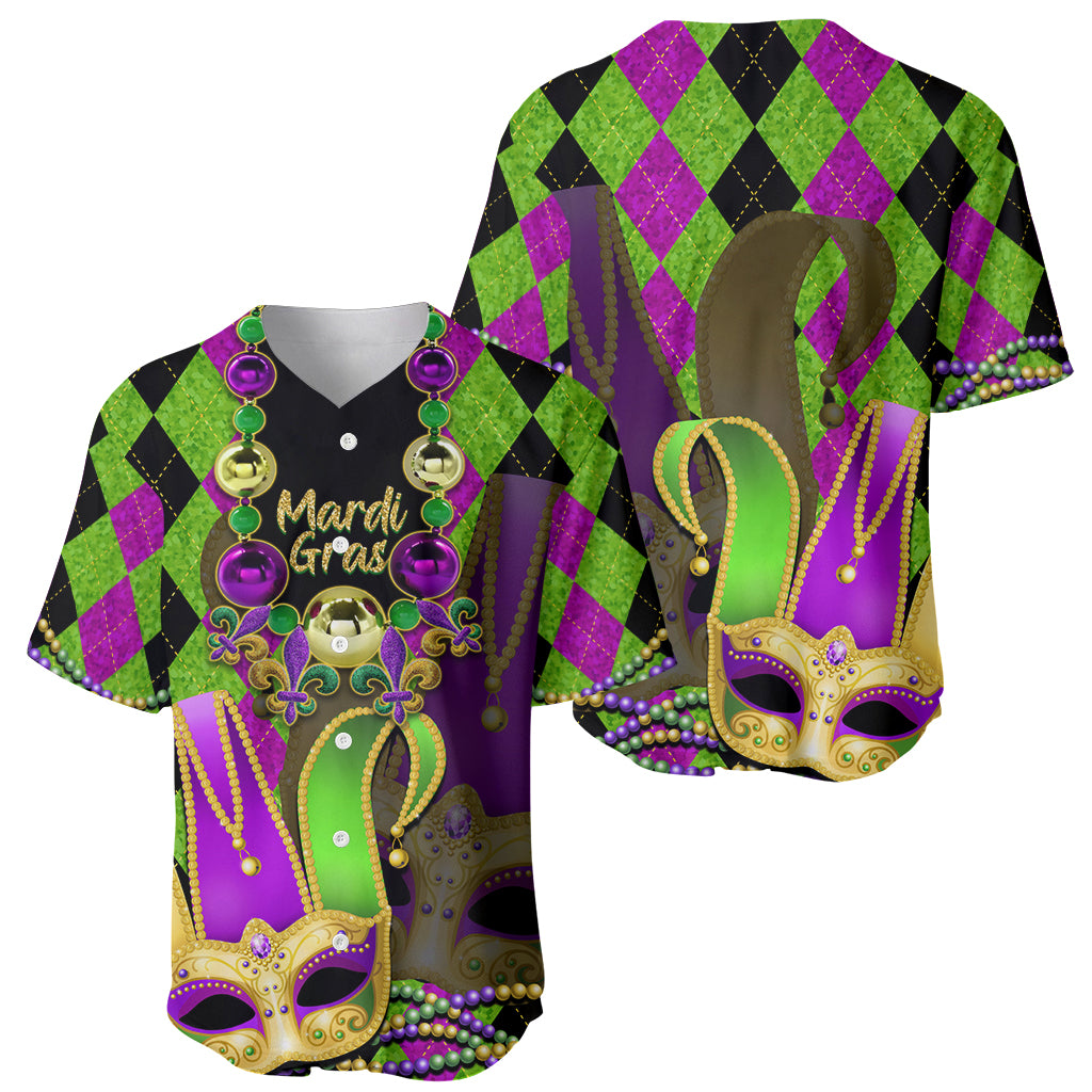 Mardi Gras 2024 Baseball Jersey Jester Mask With Beads Colorful Version - Wonder Print Shop