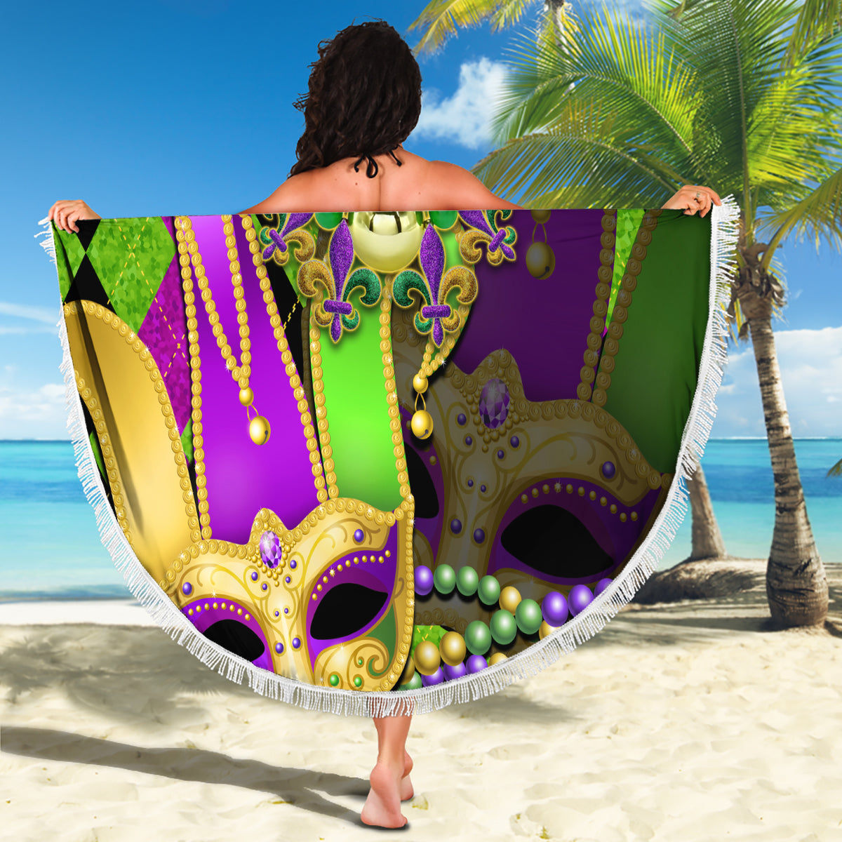 Mardi Gras 2024 Beach Blanket Jester Mask With Beads Colorful Version - Wonder Print Shop