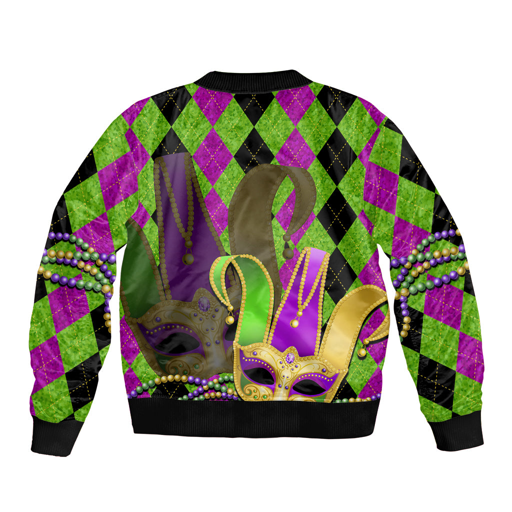 Mardi Gras 2024 Bomber Jacket Jester Mask With Beads Colorful Version - Wonder Print Shop