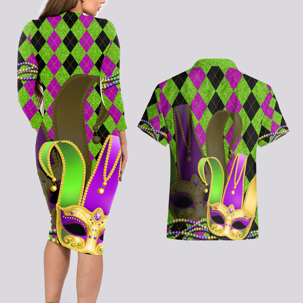 Mardi Gras 2024 Couples Matching Long Sleeve Bodycon Dress and Hawaiian Shirt Jester Mask With Beads Colorful Version - Wonder Print Shop