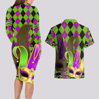 Mardi Gras 2024 Couples Matching Long Sleeve Bodycon Dress and Hawaiian Shirt Jester Mask With Beads Colorful Version - Wonder Print Shop