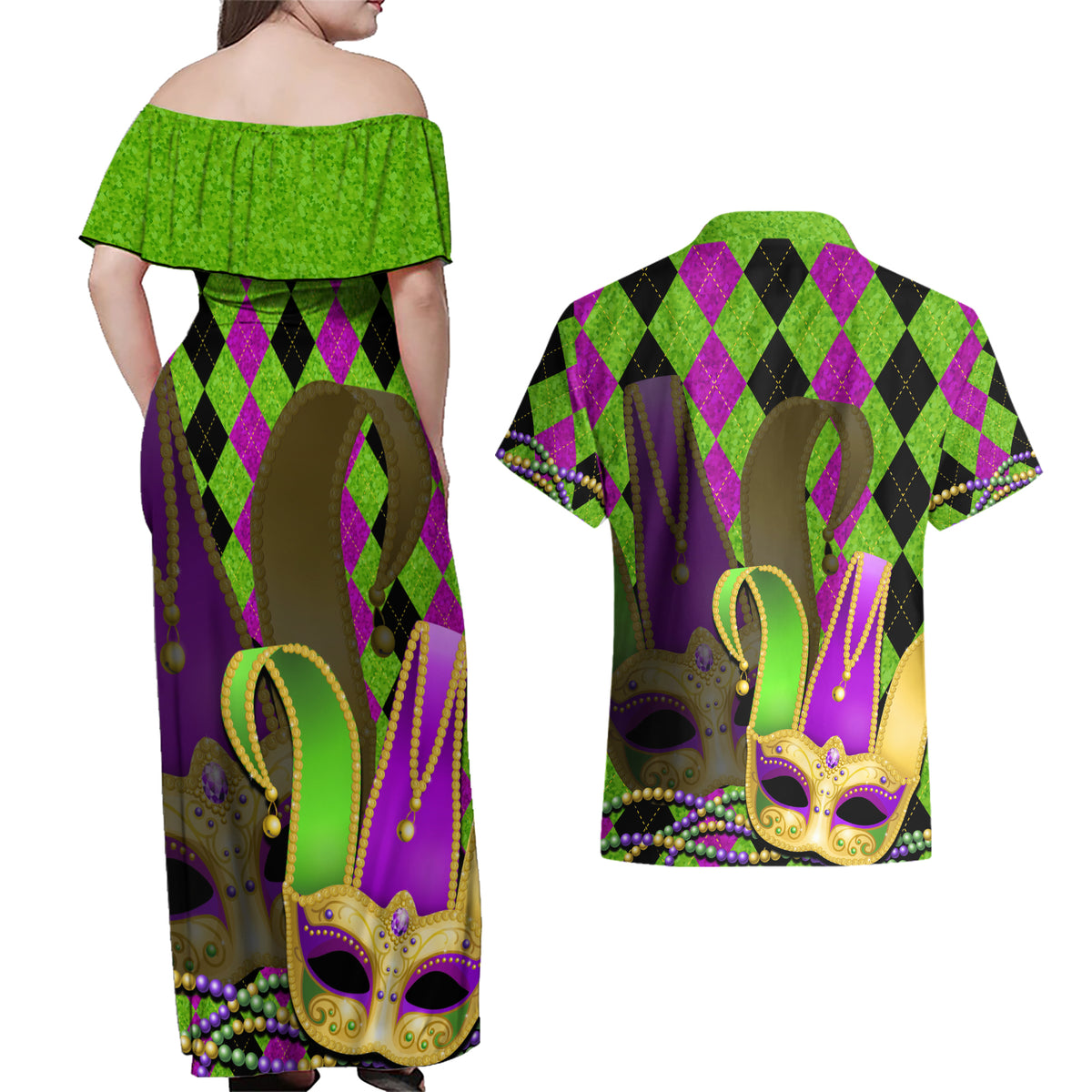Mardi Gras 2024 Couples Matching Off Shoulder Maxi Dress and Hawaiian Shirt Jester Mask With Beads Colorful Version - Wonder Print Shop