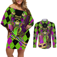 Mardi Gras 2024 Couples Matching Off Shoulder Short Dress and Long Sleeve Button Shirt Jester Mask With Beads Colorful Version - Wonder Print Shop