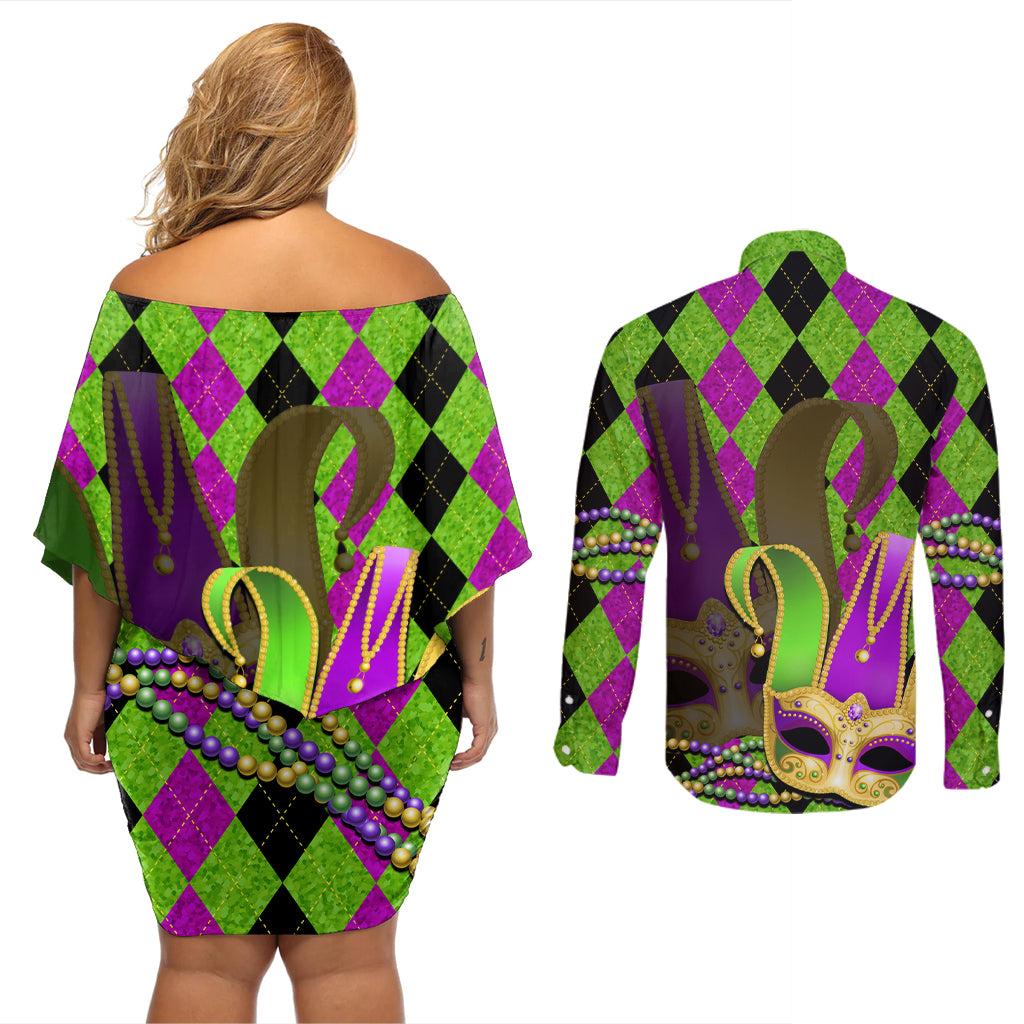 Mardi Gras 2024 Couples Matching Off Shoulder Short Dress and Long Sleeve Button Shirt Jester Mask With Beads Colorful Version - Wonder Print Shop