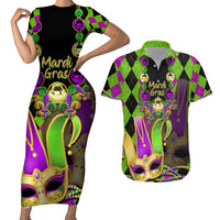 Mardi Gras 2024 Couples Matching Short Sleeve Bodycon Dress and Hawaiian Shirt Jester Mask With Beads Colorful Version - Wonder Print Shop