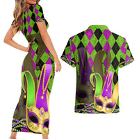 Mardi Gras 2024 Couples Matching Short Sleeve Bodycon Dress and Hawaiian Shirt Jester Mask With Beads Colorful Version - Wonder Print Shop