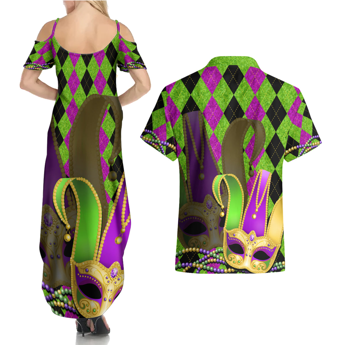 Mardi Gras 2024 Couples Matching Summer Maxi Dress and Hawaiian Shirt Jester Mask With Beads Colorful Version - Wonder Print Shop