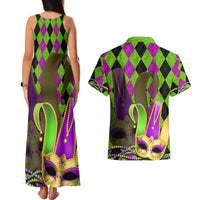 Mardi Gras 2024 Couples Matching Tank Maxi Dress and Hawaiian Shirt Jester Mask With Beads Colorful Version - Wonder Print Shop