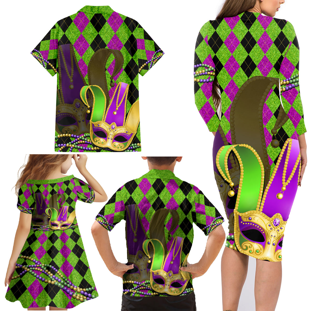 Mardi Gras 2024 Family Matching Long Sleeve Bodycon Dress and Hawaiian Shirt Jester Mask With Beads Colorful Version - Wonder Print Shop
