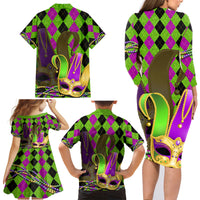Mardi Gras 2024 Family Matching Long Sleeve Bodycon Dress and Hawaiian Shirt Jester Mask With Beads Colorful Version - Wonder Print Shop