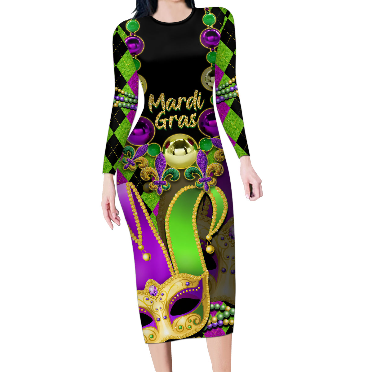 Mardi Gras 2024 Family Matching Long Sleeve Bodycon Dress and Hawaiian Shirt Jester Mask With Beads Colorful Version - Wonder Print Shop