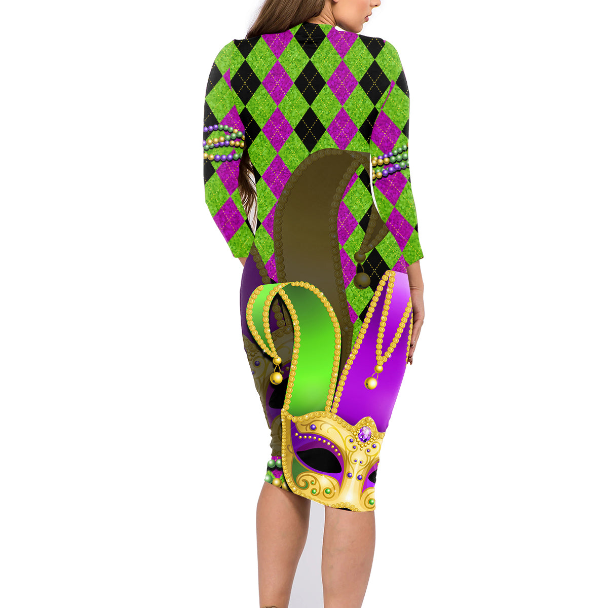 Mardi Gras 2024 Family Matching Long Sleeve Bodycon Dress and Hawaiian Shirt Jester Mask With Beads Colorful Version - Wonder Print Shop