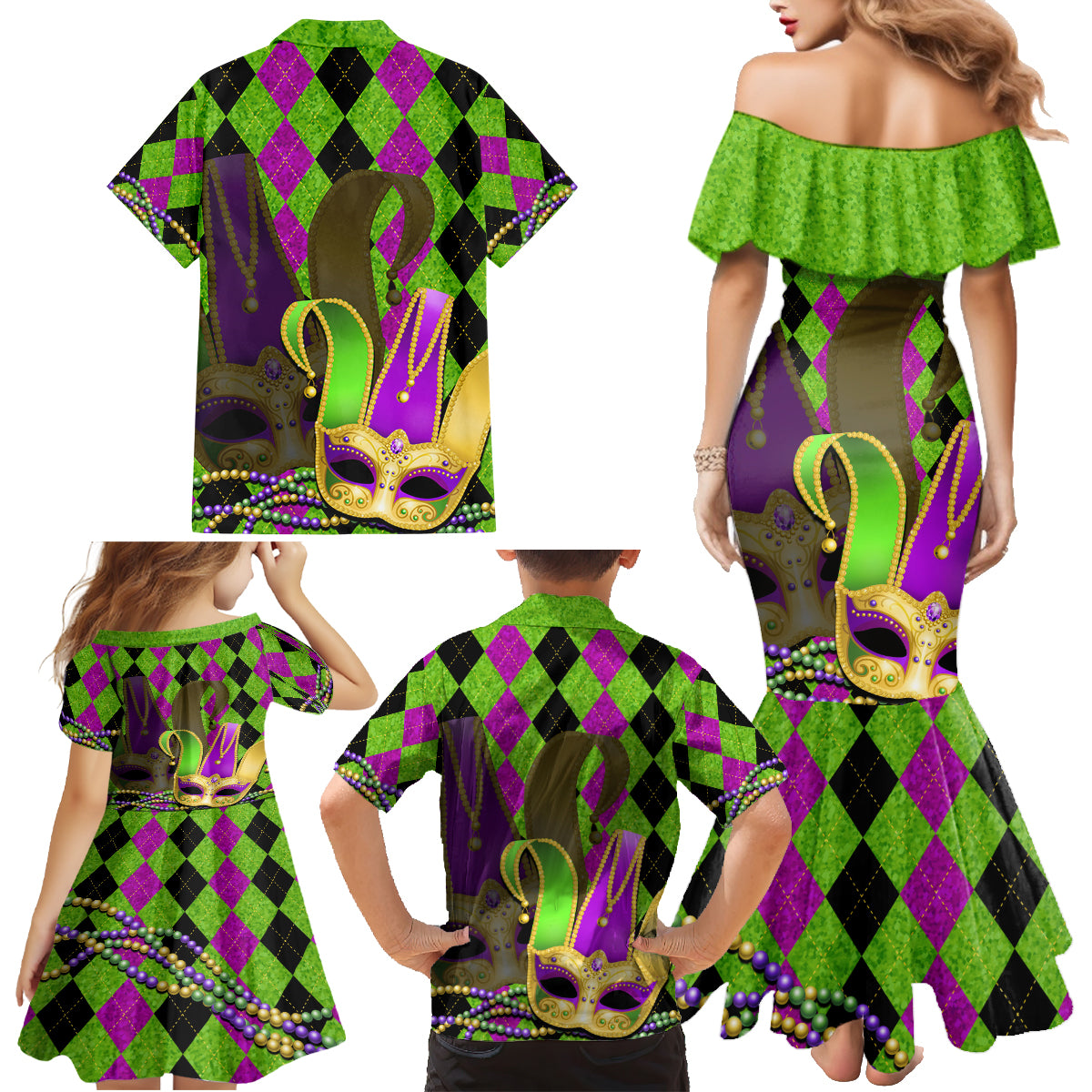 Mardi Gras 2024 Family Matching Mermaid Dress and Hawaiian Shirt Jester Mask With Beads Colorful Version - Wonder Print Shop